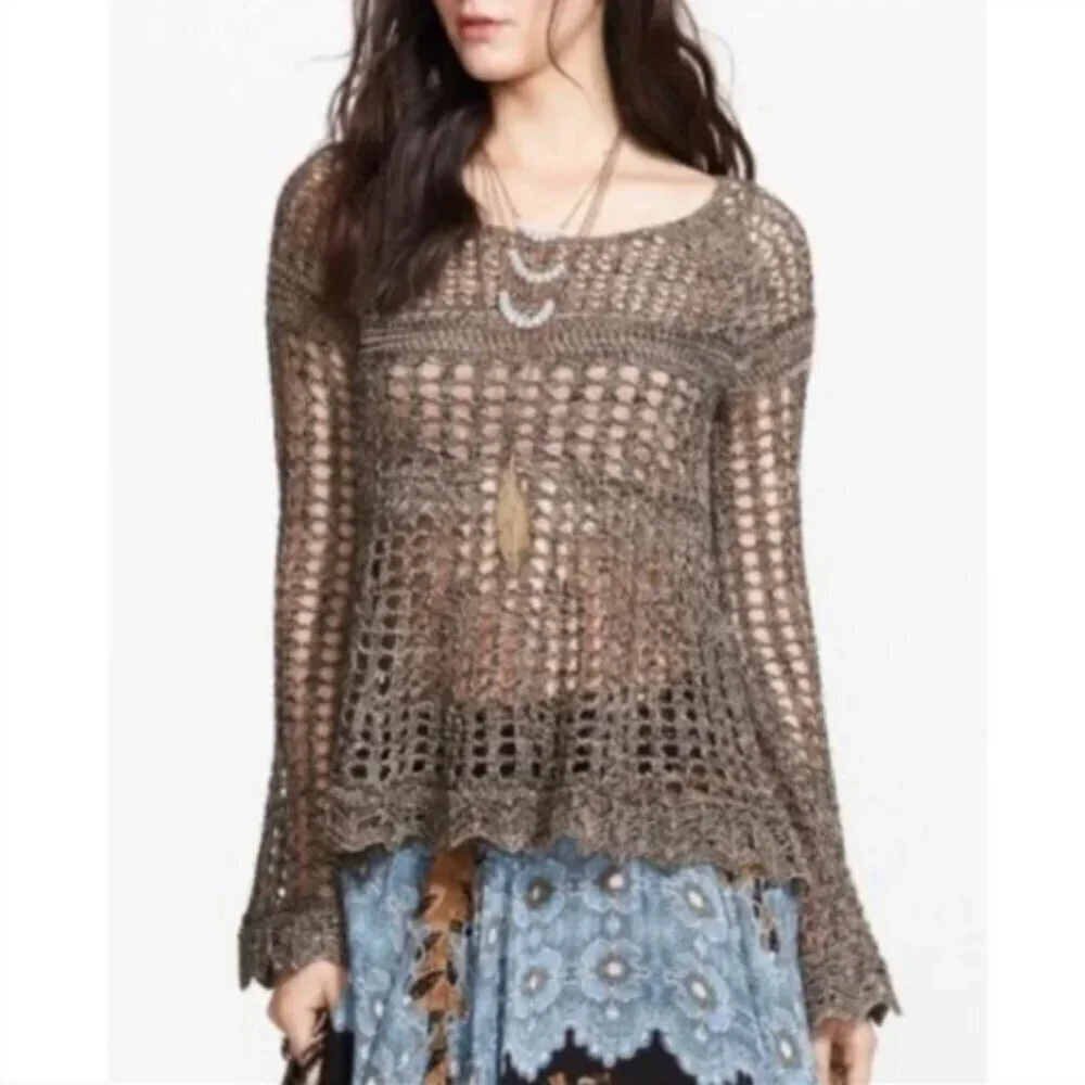 Free People Annabelle Crochet Pullover‎ Top Beach Cover-up Sz S #136B